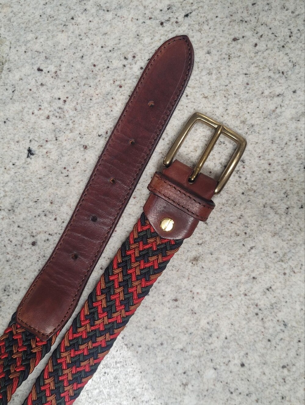 Braided Stretch Belt Multicolor Brown Red Leather Brass Italy Size Large 38 40